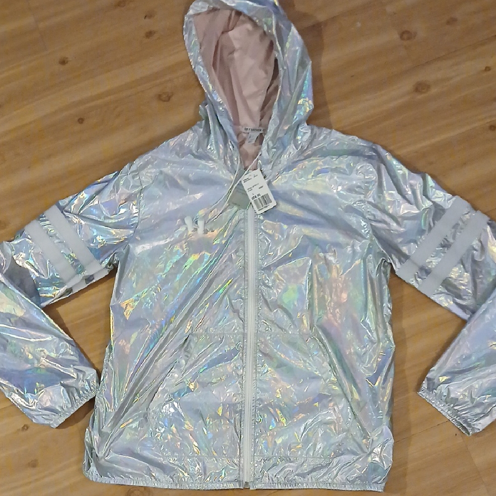 Forever 21 Shimmering Silver Holographic Hooded Jacket. Size L